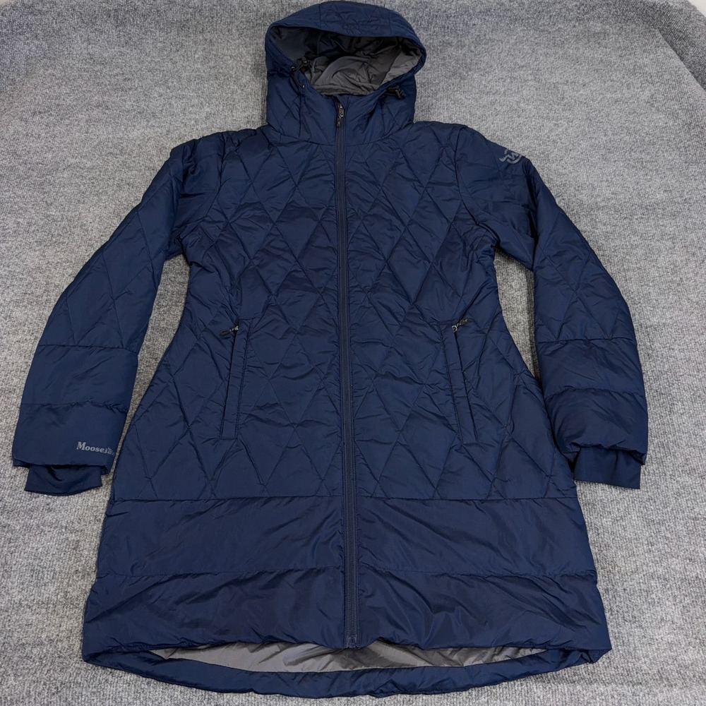 Moosejaw Parka Jacket Women Large Quilted Down Navy Hooded Coat Mid-Length
